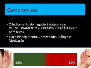 Compromisso
•O fechamento do negócio é natural se o
QUESTIONAMENTO e a DEMONSTRAÇÃO foram
bem feitas
•Exige Planejamento, Criatividade, Diálogo e
Motivação
50% 50%
 