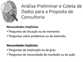 Análise Preliminar e Coleta de
Dados para a Proposta de
Consultoria
Necessidades Implícitas
Perguntas de situação ou de momento
Perguntas sobre problemas ou de extensão
Necessidades Explícitas
Perguntas de implicação ou de grau
Perguntas de necessidade de resultado ou de ação
 
