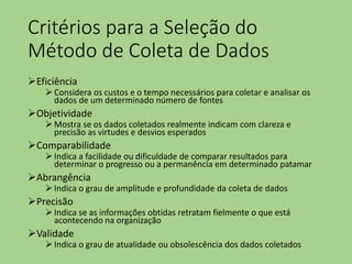 Critérios para a Seleção do
Método de Coleta de Dados
Eficiência
 Considera os custos e o tempo necessários para coletar e analisar os
dados de um determinado número de fontes
Objetividade
 Mostra se os dados coletados realmente indicam com clareza e
precisão as virtudes e desvios esperados
Comparabilidade
 Indica a facilidade ou dificuldade de comparar resultados para
determinar o progresso ou a permanência em determinado patamar
Abrangência
 Indica o grau de amplitude e profundidade da coleta de dados
Precisão
 Indica se as informações obtidas retratam fielmente o que está
acontecendo na organização
Validade
 Indica o grau de atualidade ou obsolescência dos dados coletados
 