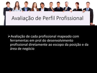 Avaliação de Perfil Profissional
Avaliação de cada profissional mapeado com
ferramentas em prol do desenvolvimento
profissional diretamente ao escopo da posição e da
área de negócio
 