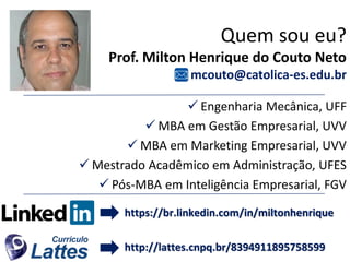Quem sou eu?
Prof. Milton Henrique do Couto Neto
mcouto@catolica-es.edu.br
 Engenharia Mecânica, UFF
 MBA em Gestão Empresarial, UVV
 MBA em Marketing Empresarial, UVV
 Mestrado Acadêmico em Administração, UFES
 Pós-MBA em Inteligência Empresarial, FGV
http://lattes.cnpq.br/8394911895758599
https://br.linkedin.com/in/miltonhenrique
 