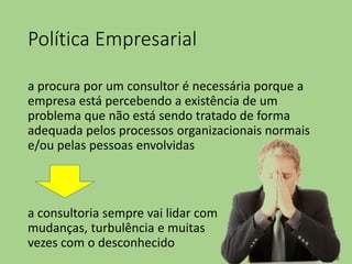 Política Empresarial
a procura por um consultor é necessária porque a
empresa está percebendo a existência de um
problema que não está sendo tratado de forma
adequada pelos processos organizacionais normais
e/ou pelas pessoas envolvidas
a consultoria sempre vai lidar com
mudanças, turbulência e muitas
vezes com o desconhecido
 