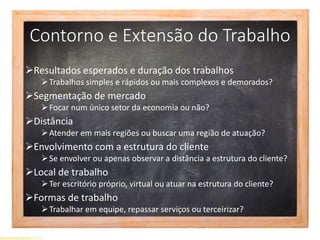 Contorno e Extensão do Trabalho
Resultados esperados e duração dos trabalhos
Trabalhos simples e rápidos ou mais complexos e demorados?
Segmentação de mercado
Focar num único setor da economia ou não?
Distância
Atender em mais regiões ou buscar uma região de atuação?
Envolvimento com a estrutura do cliente
Se envolver ou apenas observar a distância a estrutura do cliente?
Local de trabalho
Ter escritório próprio, virtual ou atuar na estrutura do cliente?
Formas de trabalho
Trabalhar em equipe, repassar serviços ou terceirizar?
 