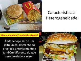 Características:
Heterogeneidade
Cada serviço sai de um
jeito único, diferente do
prestado anteriormente e
também diferente do que
será prestado a seguir
Não se montam 2 sanduíches iguais!
 