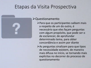 Etapas da Visita Prospectiva
Questionamento
Para que os participantes saibam mais
a respeito de um do outro, é
necessário que eles façam perguntas
com algum propósito, que pode ser o
de esclarecer, de aprofundar
determinado tema, para obter
concordância e assim por diante
As perguntas sinalizam para que tipos
de necessidade existem, de maneira
mais difusa no início, se tornando mais
explícitas no decorrer do processo de
questionamento
 