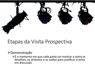 Etapas da Visita Prospectiva
Demonstração
É o momento em que cada parte vai mostrar a outra os
detalhes, os atributos e as razões para justificar o tema
em discussão
 