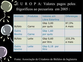 E U R O P A: Valores pagos pelos
 frigoríficos ao pecuarista em 2005 :
Animais    Produtos     Valores em          Diferenças
                        Libra Esterlina
                        Gbp 3,00            87,5%
Búfalo     Carne        por quilo           A mais
Outro                   Gbp 1,60
Bovino     Carne        por quilo
Búfalo     Leite        Gbp 0,60            233,3%
                        por litro           a mais
Outro      Leite        Gbp 0,18 por
bovino                  litro



Fonte: Associação de Criadores de Búfalos da Inglaterra
 