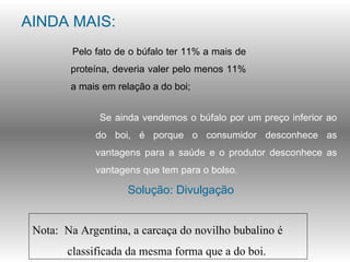 AINDA MAIS:
         Pelo fato de o búfalo ter 11% a mais de
        proteína, deveria valer pelo menos 11%
        a mais em relação a do boi;


               Se ainda vendemos o búfalo por um preço inferior ao
              do boi, é porque o consumidor desconhece as
              vantagens para a saúde e o produtor desconhece as
              vantagens que tem para o bolso.

                     Solução: Divulgação


 Nota: Na Argentina, a carcaça do novilho bubalino é
        classificada da mesma forma que a do boi.
 