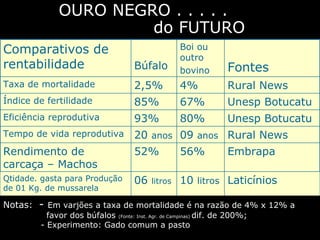 OURO NEGRO . . . . .
                      do FUTURO
Comparativos de                                    Boi ou
                                                   outro
rentabilidade                        Búfalo        bovino         Fontes
Taxa de mortalidade                  2,5%          4%             Rural News
Índice de fertilidade                85%           67%            Unesp Botucatu
Eficiência reprodutiva               93%           80%            Unesp Botucatu
Tempo de vida reprodutiva            20 anos 09 anos Rural News
Rendimento de                        52%           56%            Embrapa
carcaça – Machos
Qtidade. gasta para Produção         06   litros   10 litros Laticínios
de 01 Kg. de mussarela

Notas: - Em varjões a taxa de mortalidade é na razão de 4% x 12% a
          favor dos búfalos (Fonte: Inst. Agr. de Campinas) dif. de 200%;
        - Experimento: Gado comum a pasto
 