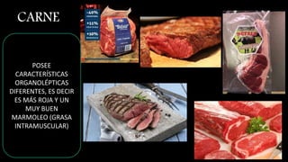 CARNE
POSEE
CARACTERÍSTICAS
ORGANOLÉPTICAS
DIFERENTES, ES DECIR
ES MÁS ROJA Y UN
MUY BUEN
MARMOLEO (GRASA
INTRAMUSCULAR)
 