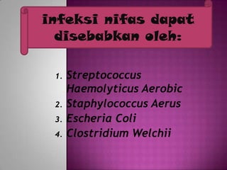 infeksi nifas dapat
disebabkan oleh:
1.

2.
3.
4.

Streptococcus
Haemolyticus Aerobic
Staphylococcus Aerus
Escheria Coli
Clostridium Welchii

 