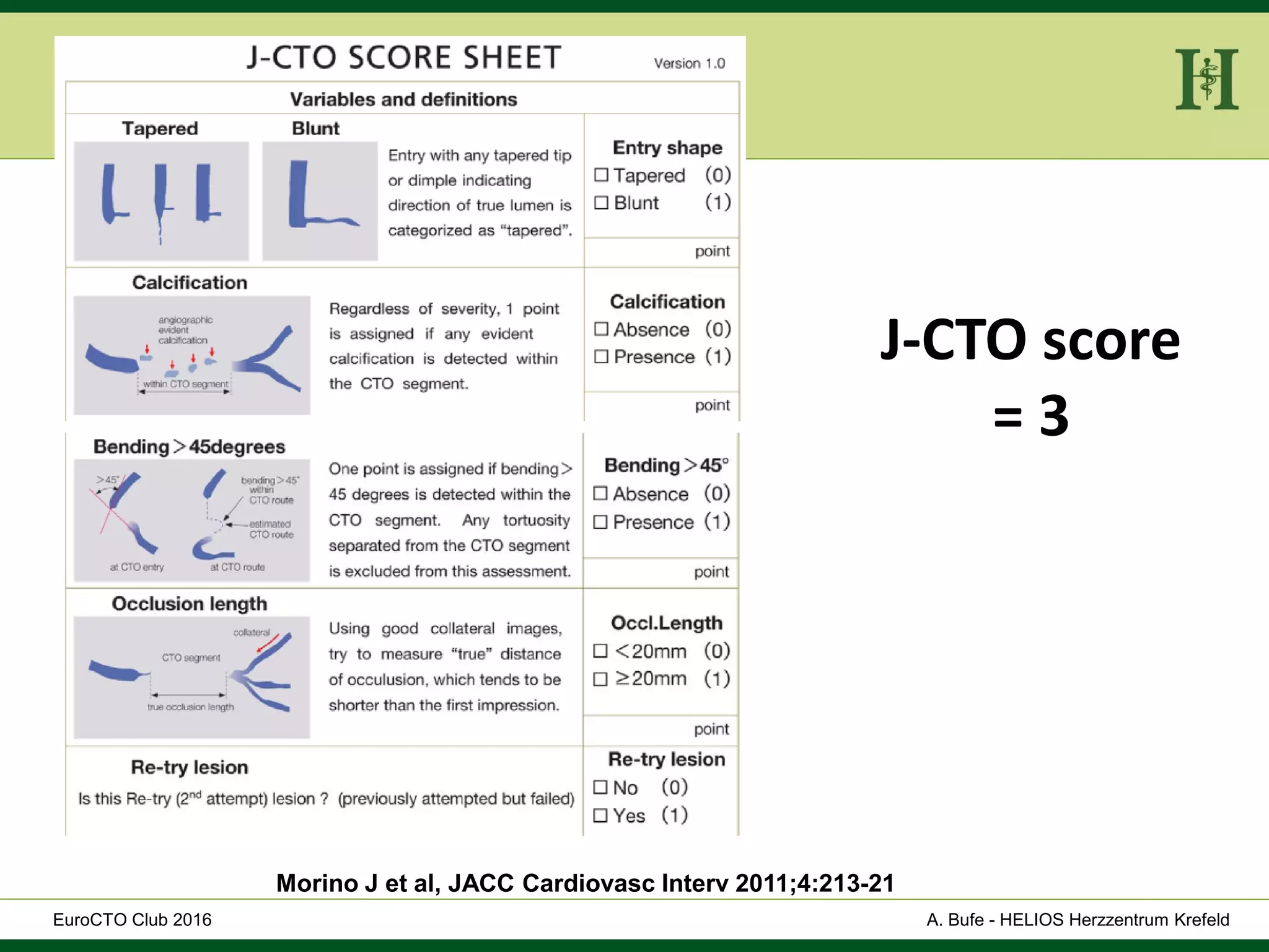 HELIOS Klinikum Wuppertal - HerzzentrumHELIOS Klinikum Wuppertal - Herzzentru
A. Bufe - HELIOS Herzzentrum KrefeldEuroCTO Club 2016
Morino J et al, JACC Cardiovasc Interv 2011;4:213-21
J-CTO score
= 3
 