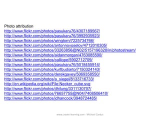 Photo attribution
http://www.flickr.com/photos/pasukaru76/4307189567/
http://www.flickr.com/photos/pasukaru76/3992935923/
http://www.flickr.com/photos/wingtorn/7225734766/
http://www.flickr.com/photos/antonnovoselov/4712010305/
http://www.flickr.com/photos/33263856@N02/5157196328/in/photostream/
http://www.flickr.com/photos/aidanmorgan/4763085590/
http://www.flickr.com/photos/calliope/5902712709/
http://www.flickr.com/photos/pasukaru76/5018455914/
http://www.flickr.com/photos/kurtbudiarto/7150324143/
http://www.flickr.com/photos/derekgavey/5069358550/
http://www.flickr.com/photos/a_siegel/8133716733/
http://en.wikipedia.org/wiki/File:Necker_cube.svg
http://www.flickr.com/photos/dhilung/3311130707/
http://www.flickr.com/photos/76657755@N04/7408506410/
http://www.flickr.com/photos/jdhancock/3948724485/

www.create-learning.com - Michael Cardus

 