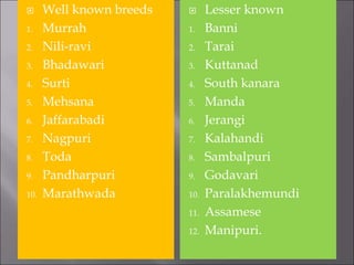  Well known breeds
1. Murrah
2. Nili-ravi
3. Bhadawari
4. Surti
5. Mehsana
6. Jaffarabadi
7. Nagpuri
8. Toda
9. Pandharpuri
10. Marathwada
 Lesser known
1. Banni
2. Tarai
3. Kuttanad
4. South kanara
5. Manda
6. Jerangi
7. Kalahandi
8. Sambalpuri
9. Godavari
10. Paralakhemundi
11. Assamese
12. Manipuri.
 
