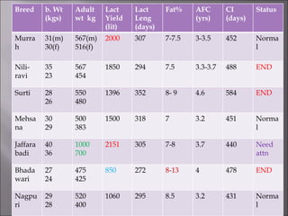 Breed b. Wt
(kgs)
Adult
wt kg
Lact
Yield
(lit)
Lact
Leng
(days)
Fat% AFC
(yrs)
CI
(days)
Status
Murra
h
31(m)
30(f)
567(m)
516(f)
2000 307 7-7.5 3-3.5 452 Norma
l
Nili-
ravi
35
23
567
454
1850 294 7.5 3.3-3.7 488 END
Surti 28
26
550
480
1396 352 8- 9 4.6 584 END
Mehsa
na
30
29
500
383
1500 318 7 3.2 451 Norma
l
Jaffara
badi
40
36
1000
700
2151 305 7-8 3.7 440 Need
attn
Bhada
wari
27
24
475
425
850 272 8-13 4 478 END
Nagpu
ri
29
28
520
400
1060 295 8.5 3.2 431 Norma
l
 