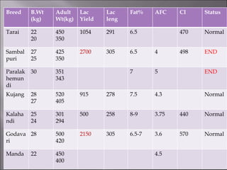 Breed B.Wt
(kg)
Adult
Wt(kg)
Lac
Yield
Lac
leng
Fat% AFC CI Status
Tarai 22
20
450
350
1054 291 6.5 470 Normal
Sambal
puri
27
25
425
350
2700 305 6.5 4 498 END
Paralak
hemun
di
30 351
343
7 5 END
Kujang 28
27
520
405
915 278 7.5 4.3 Normal
Kalaha
ndi
25
24
301
294
500 258 8-9 3.75 440 Normal
Godava
ri
28 500
420
2150 305 6.5-7 3.6 570 Normal
Manda 22 450
400
4.5
 
