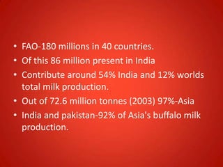 • FAO-180 millions in 40 countries.
• Of this 86 million present in India
• Contribute around 54% India and 12% worlds
total milk production.
• Out of 72.6 million tonnes (2003) 97%-Asia
• India and pakistan-92% of Asia's buffalo milk
production.
 