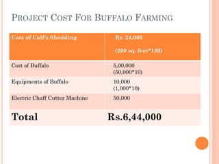 PROJECT COST FOR BUFFALO FARMING
Cost of Calf’s Shedding Rs. 24,000
(200 sq. feet*120)
Cost of Buffalo 5,00,000
(50,000*10)
Equipments of Buffalo 10,000
(1,000*10)
Electric Chaff Cutter Machine 50,000
Total Rs.6,44,000
 