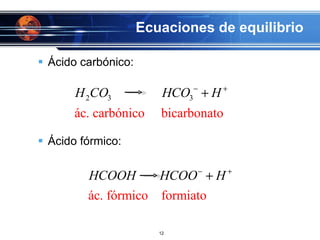 Ecuaciones de equilibrio Ácido carbónico: Ácido fórmico: 