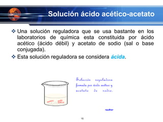 Solución ácido acético-acetato Una solución reguladora que se usa bastante en los laboratorios de química esta constituida por ácido acético (ácido débil) y acetato de sodio (sal o base conjugada). Esta solución reguladora se considera  ácida . 