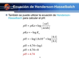 Ecuación de Henderson-Hasselbalch También se puede utilizar la ecuación de  Henderson-Hasselbach  para calcular el pH: 
