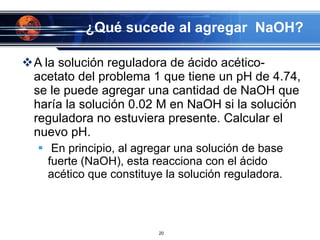 ¿Qué sucede al agregar  NaOH? A la solución reguladora de ácido acético-acetato del problema 1 que tiene un pH de 4.74, se le puede agregar una cantidad de NaOH que haría la solución 0.02 M en NaOH si la solución reguladora no estuviera presente. Calcular el nuevo pH.   En principio, al agregar una solución de base fuerte (NaOH), esta reacciona con el ácido acético que constituye la solución reguladora. 