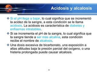 Acidosis y alcalosis Si el pH llega a bajar , lo cual significa que se incrementó la acidez de la sangre, a esta condición se le llama  acidosis . La acidosis es característica de  diabetes y enfisemas intratables . Si se incrementa el pH de la sangre, lo cual significa que la sangre tiende a  ser más alcalina , esta condición recibe el nombre de  alcalosis .  Una dosis excesiva de bicarbonato, una exposición a altas altitudes baja la presión parcial del oxígeno, o una histeria prolongada puede causar alcalosis.  