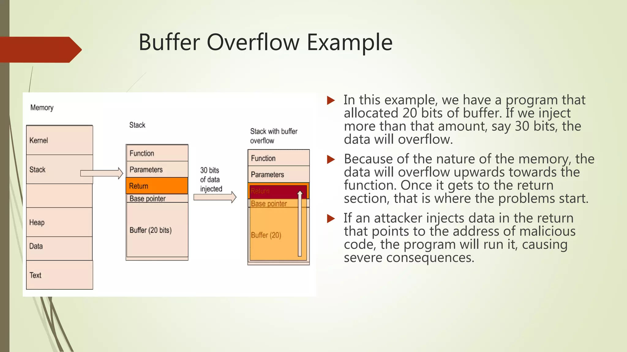Buffer Overflow Example
 In this example, we have a program that
allocated 20 bits of buffer. If we inject
more than that amount, say 30 bits, the
data will overflow.
 Because of the nature of the memory, the
data will overflow upwards towards the
function. Once it gets to the return
section, that is where the problems start.
 If an attacker injects data in the return
that points to the address of malicious
code, the program will run it, causing
severe consequences.
 