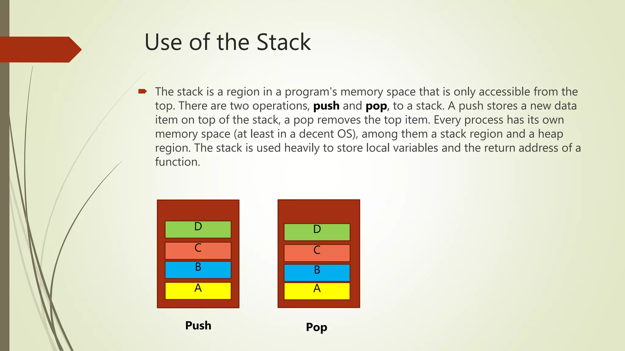 Use of the Stack
 The stack is a region in a program's memory space that is only accessible from the
top. There are two operations, push and pop, to a stack. A push stores a new data
item on top of the stack, a pop removes the top item. Every process has its own
memory space (at least in a decent OS), among them a stack region and a heap
region. The stack is used heavily to store local variables and the return address of a
function.
A
B
C
D D
C
B
A
Push Pop
 