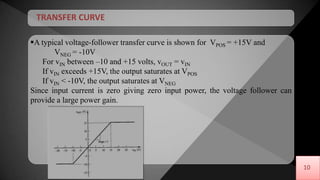10
10
TRANSFER CURVE
A typical voltage-follower transfer curve is shown for VPOS = +15V and
VNEG = -10V
For vIN between –10 and +15 volts, vOUT = vIN
If vIN exceeds +15V, the output saturates at VPOS
If vIN < -10V, the output saturates at VNEG
Since input current is zero giving zero input power, the voltage follower can
provide a large power gain.
 