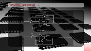 BASIC BUFFER CIRCUIT
11
Vout(Inverted)
Vout(Non-Inverted)
-
+
+
-
+5
-5
R2
R1
R3
Vin
Vin
Gnd
-5
4
4
7
6
6
5
8
1
5
8
1
2
3
3
2
 