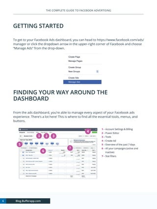 6 Blog.Bufferapp.com
THE COMPLETE GUIDE TO FACEBOOK ADVERTISING
GETTING STARTED
To get to your Facebook Ads dashboard, you...