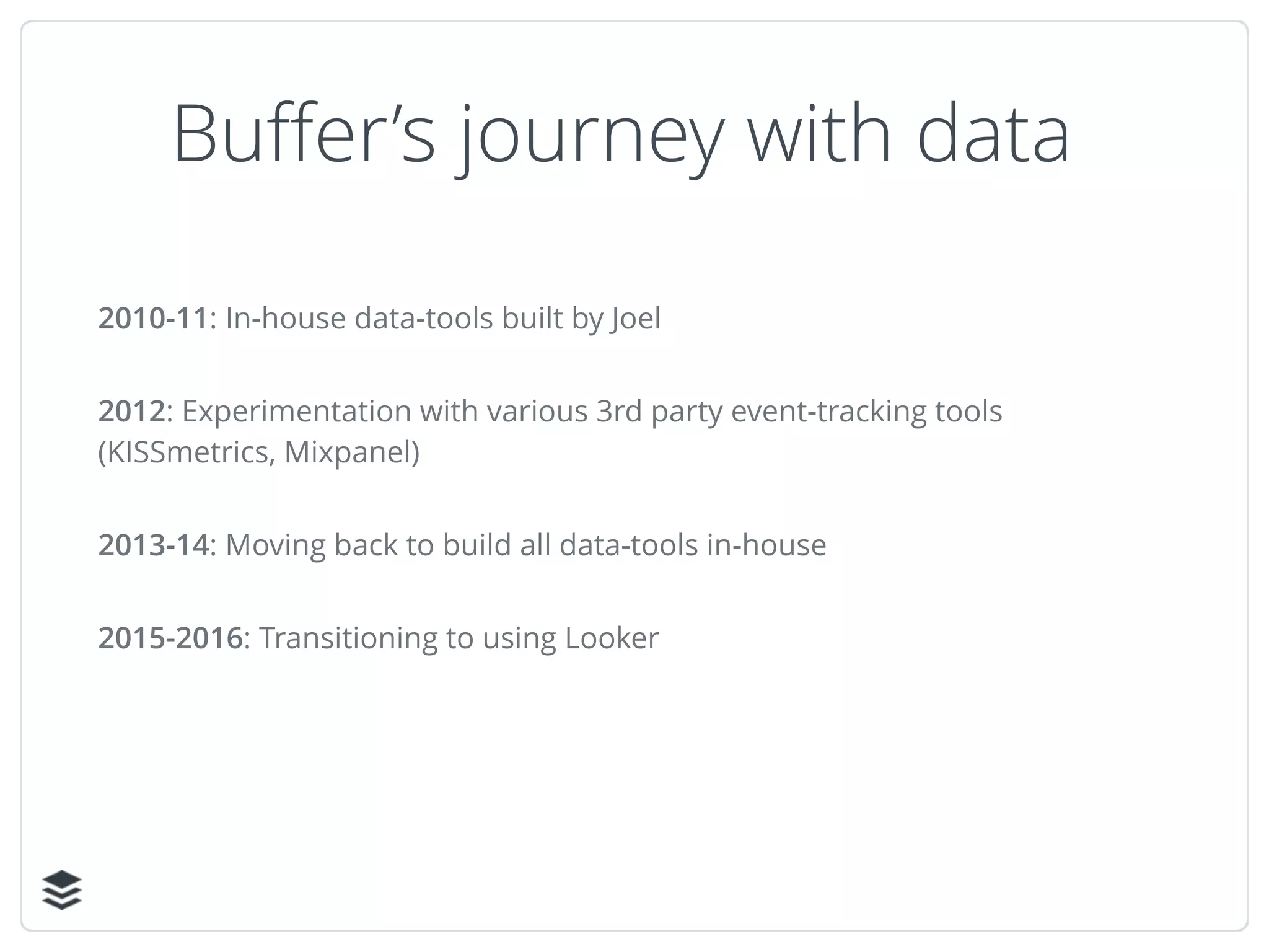 Buﬀer’s journey with data
2010-11: In-house data-tools built by Joel
2012: Experimentation with various 3rd party event-tracking tools
(KISSmetrics, Mixpanel)
2013-14: Moving back to build all data-tools in-house
2015-2016: Transitioning to using Looker
 