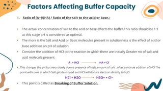Factors Affecting Buffer Capacity
1. Ratio of [A−]/[HA] / Ratio of the salt to the acid or base.:-
• The actual concentration of salt to the acid or base effects the buffer.This ratio should be 1:1
at this stage pH is considered as optimal.
• The more is the Salt and Acid or Basic molecules present in solution less is the effect of acid or
base addition on pH of solution.
• Consider the addition of HCl to the reaction in which there are Initially Greater no of salt and
acid molecule present
A− + HCl HA + Cl−
• This changes the pH but very slowly due to presence of high amount of salt ..After continue addition of HCl The
point will come at which Salt get destroyed and HCl will donate electron directly to H2O
HCl + H2O H3O+ + Cl−
• This point is Called as Breaking of Buffer Solution.
 
