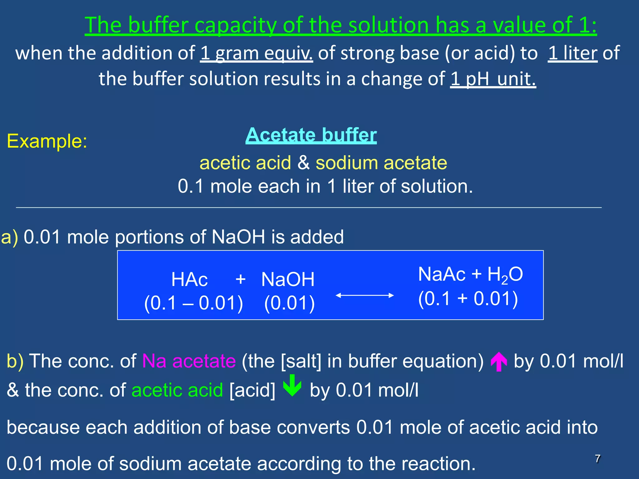 7
The buffer capacity of the solution has a value of 1:
when the addition of 1 gram equiv. of strong base (or acid) to 1 liter of
the buffer solution results in a change of 1 pH unit.
Example: Acetate buffer
acetic acid & sodium acetate
0.1 mole each in 1 liter of solution.
a) 0.01 mole portions of NaOH is added
HAc +
(0.1 – 0.01)
NaOH
(0.01)
NaAc + H2O
(0.1 + 0.01)
b) The conc. of Na acetate (the [salt] in buffer equation)  by 0.01 mol/l
& the conc. of acetic acid [acid]  by 0.01 mol/l
because each addition of base converts 0.01 mole of acetic acid into
0.01 mole of sodium acetate according to the reaction.
 
