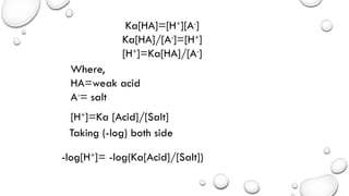 Ka[HA]=[H+
][A-
]
Ka[HA]/[A-
]=[H+
]
[H+
]=Ka[HA]/[A-
]
Where,
HA=weak acid
A-
= salt
[H+
]=Ka [Acid]/[Salt]
Taking (-log) both side
-log[H+
]= -log(Ka[Acid]/[Salt])
 