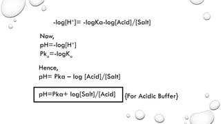 Now,
pH=-log[H+
]
Pka=-logKa
-log[H+
]= -logKa-log[Acid]/[Salt]
Hence,
pH= Pka – log [Acid]/[Salt]
pH=Pka+ log[Salt]/[Acid] {For Acidic Buffer}
 