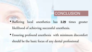 CONCLUSION
• Buffering local anesthetics has 2.29 times greater
likelihood of achieving successful anesthesia.
• Ensuring profound anesthesia with minimum discomfort
should be the basic focus of any dental professional
 