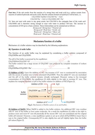 Buffer Capacity
Prepared By: Md. Imran Nur Manik; B.Pharm; M.Pharm Page 2
manikrupharmacy@gmail.com; Lecturer; Department of Pharmacy; Northern University Bangladesh.
Mechanism/function of a buffer
Mechanism of a buffer solution may be described by the following explanations:
A) Operation of acidic buffer
The function of an acidic buffer may be explained by considering a buffer solution composed of
CH3COONa and CH3COOH.
The pH of the buffer is governed by the equilibrium
CH3COOH⇌CH3COO–+H+ ……………………………………………………………… (1)
The buffer solution has a large excess of CH3COO– ions produced by complete ionization of sodium
acetate,
CH3COONa⇌CH3COO⎯+Na+……………………………………………………………. (2)
(1) Addition of HCl: Upon the addition of HCl, the increase of H+ ions is counteracted by association
with the excess of acetate ions to form unionized CH3COOH. Thus the added H+ ions are neutralized
and the pH of the buffer solution remains virtually unchanged. However owing to the increased
concentration of CH3COOH, the equilibrium (1) shifts slightly to the right to increase H+ ions. This
explains the marginal decrease of pH of the buffer solution on addition of HCl (Figure 2).
Fig.2. Mechanism of Buffer action of an acid buffer.
(2) Addition of NaOH: When NaOH is added to the buffer solution, the additional OH– ions combine
with H+ ions of the buffer to form water molecules. As a result the equilibrium (1) shifts to the right to
produce more and more H+ ions till practically all the excess OH– ions are neutralized and the original
buffer pH restored. However, a new equilibrium system is set up in which [CH3COOH] is lower than it
was in the original buffer. Consequently [H+] is also slightly less and pH slightly higher than the buffer
pH values (Figure 2).
Fact box: If the salt results from the reaction of a strong base and weak acid (e.g. sodium acetate from
reaction of sodium hydroxide and acetic acid), then the solution formed on hydrolysis will be basic, i.e.
CH3COOH+NaOH⇌ CH3COO⎯Na+
+ H2O
CH3COO⎯Na+
+ H2O ⇌ CH3COOH+OH⎯+Na+
Na+
does not react with water to any great extent, but CH3COO⎯is the conjugate base of the weak acid
CH3COOH and is therefore strong enough to react with water to produce OH⎯ions. The increase in
concentration of OH⎯gives a basic solution. These relationships can be summarised as follows:
Strong acid +Strong base Neutral salt
Strong acid+ Weak base Acidic salt
Weak acid + Strong base Basic salt
Weak acid + Weak base Neutral salt
Md.
Imran
Nur
Manik
 