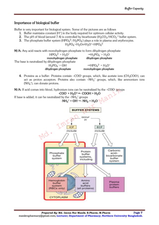 Buffer Capacity
Prepared By: Md. Imran Nur Manik; B.Pharm; M.Pharm Page 7
manikrupharmacy@gmail.com; Lecturer; Department of Pharmacy; Northern University Bangladesh.
Importance of biological buffer
Buffer is very important for biological system. Some of the pictures are as follows
1. Buffer maintains constant [H+] in the body required for optimum cellular activity.
2. The pH of blood (around 7.4) is controlled by bicarbonate (H2CO3/HCO3
–) buffer system.
3. The phosphate buffer system (HPO4
2-/H2PO4
-) plays a role in plasma and erythrocytes.
H2PO4
-+H2O⇌H3O++HPO4
2-
M/A: Any acid reacts with monohydrogen phosphate to form dihydrogen phosphate
HPO4
2- + H3O+ H2PO4
- + H2O
monohydrogen phosphate dihydrogen phosphate
The base is neutralized by dihydrogen phosphate
H2PO4
- + OH- HPO4
2- + H3O+
dihydrogen phosphate monohydrogen phosphate
4. Proteins as a buffer: Proteins contain –COO- groups, which, like acetate ions (CH3COO-), can
act as proton acceptors. Proteins also contain –NH3
+ groups, which, like ammonium ions
(NH4
+), can donate protons.
M/A: If acid comes into blood, hydronium ions can be neutralized by the –COO- groups
-COO- + H3O+- COOH + H2O
If base is added, it can be neutralized by the –NH3
+ groups
-NH3
+ + OH-- NH2 + H2O
Md.
Imran
Nur
Manik
 