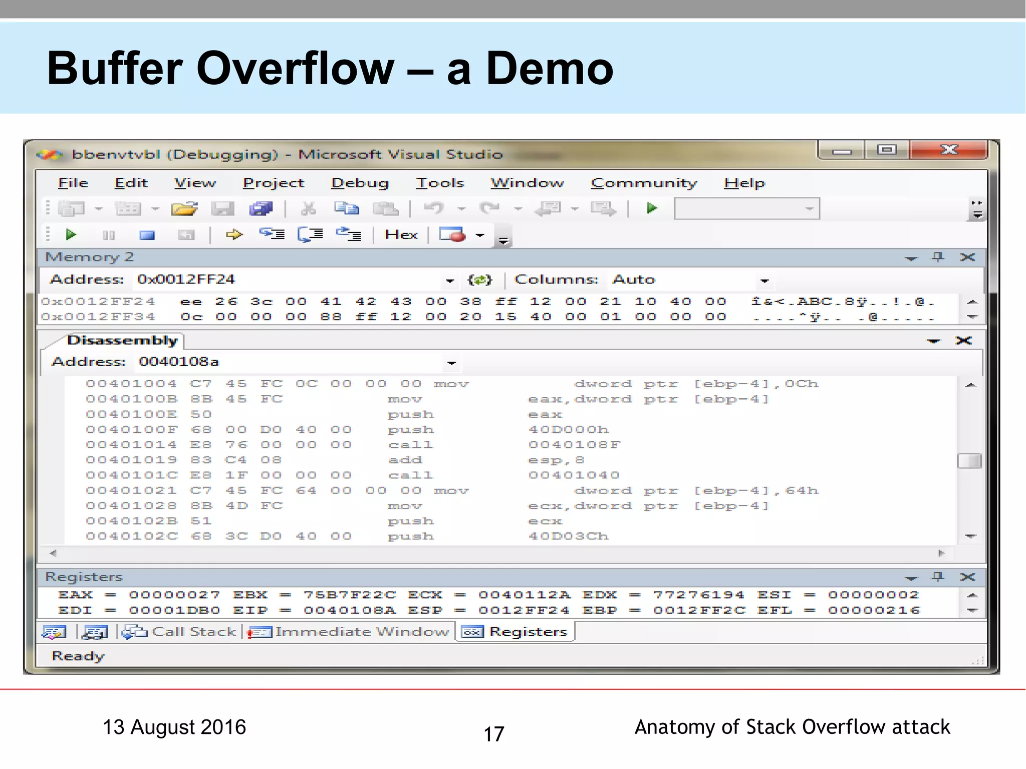 Anatomy of Stack Overflow attack1713 August 2016
Buffer Overflow – a Demo
 