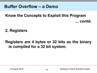 Anatomy of Stack Overflow attack1213 August 2016
Buffer Overflow – a Demo
Know the Concepts to Exploit this Program
... contd.
2. Registers
Registers are 4 bytes or 32 bits as the binary
is compiled for a 32 bit system.
 