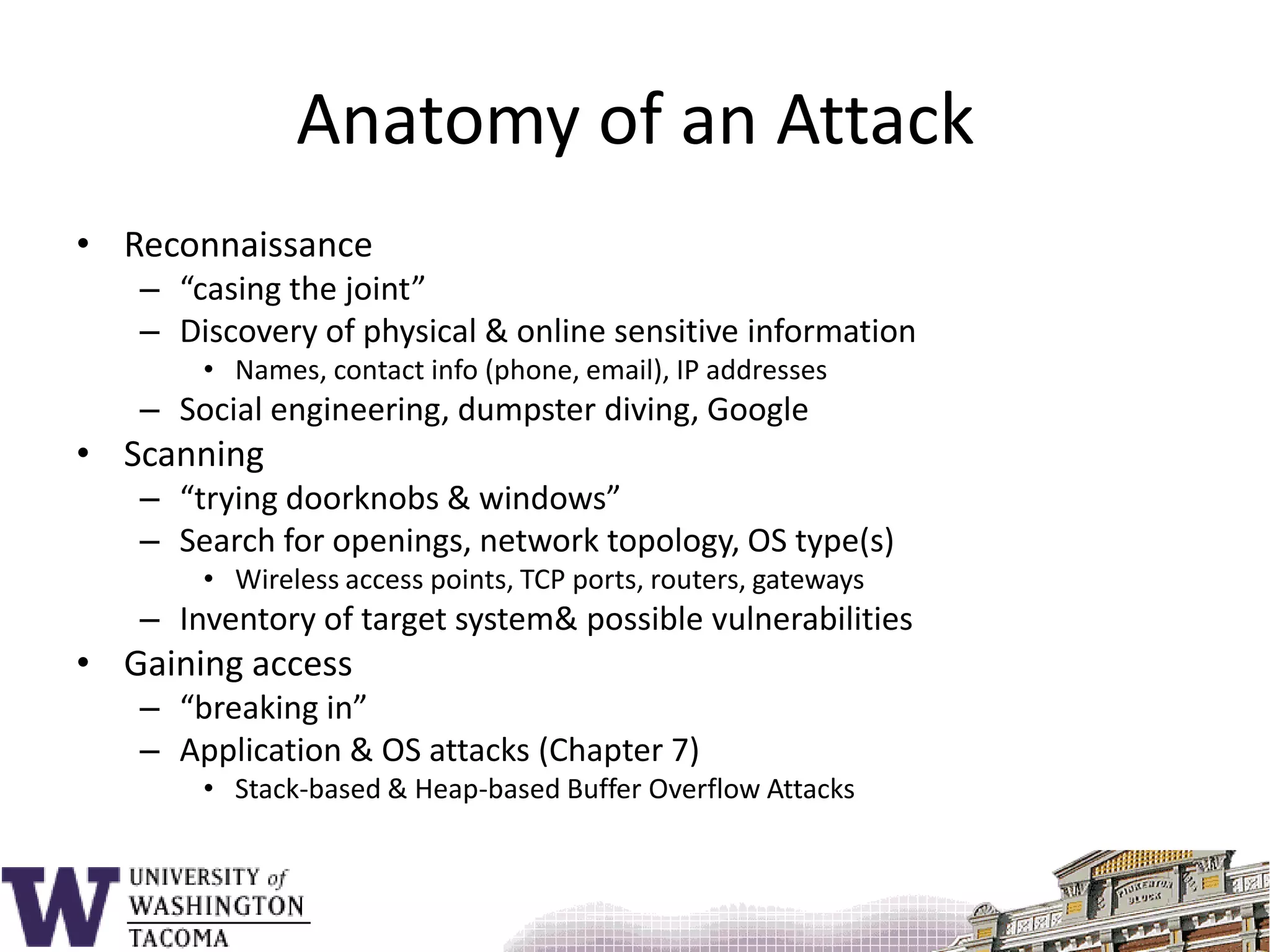 Anatomy of an AttackReconnaissance“casing the joint”Discovery of physical & online sensitive informationNames, contact info (phone, email), IP addressesSocial engineering, dumpster diving, GoogleScanning“trying doorknobs & windows”Search for openings, network topology, OS type(s)Wireless access points, TCP ports, routers, gatewaysInventory of target system & possible vulnerabilitiesGaining access“breaking in”Application & OS attacks (Chapter 7)Stack-based & Heap-based Buffer Overflow Attacks