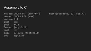 Assembly to C
mov eax,DWORD PTR [ebx-0x4]
mov eax,DWORD PTR [eax]
sub esp,0x4
push eax
push 0x20
lea eax,[ebp-0x28]
push eax
call 80483c0 <fgets@plt>
add esp,0x10
fgets(userpass, 32, stdin);
 
