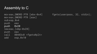 Assembly to C
mov eax,DWORD PTR [ebx-0x4]
mov eax,DWORD PTR [eax]
sub esp,0x4
push eax
push 0x20
lea eax,[ebp-0x28]
push eax
call 80483c0 <fgets@plt>
add esp,0x10
fgets(userpass, 32, stdin);
 