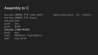 Assembly to C
mov eax,DWORD PTR [ebx-0x4]
mov eax,DWORD PTR [eax]
sub esp,0x4
push eax
push 0x20
lea eax,[ebp-0x28]
push eax
call 80483c0 <fgets@plt>
add esp,0x10
fgets(userpass, 32, stdin);
 