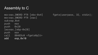 Assembly to C
mov eax,DWORD PTR [ebx-0x4]
mov eax,DWORD PTR [eax]
sub esp,0x4
push eax
push 0x20
lea eax,[ebp-0x28]
push eax
call 80483c0 <fgets@plt>
add esp,0x10
fgets(userpass, 32, stdin);
 