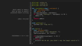 above admin in memory
what we want to modify
unchecked memory writing
admin returned
checkAdmin != 0 == win
 