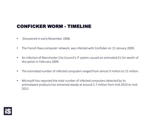 • Discovered in early November 2008.
• The French Navy computer network, was infected with Conficker on 15 January 2009.
• An infection of Manchester City Council's IT system caused an estimated £1.5m worth of
disruption in February 2009.
• The estimated number of infected computers ranged from almost 9 million to 15 million.
• Microsoft has reported the total number of infected computers detected by its
antimalware products has remained steady at around 1.7 million from mid-2010 to mid-
2011.
CONFICKER WORM - TIMELINE
 
