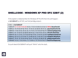 If the exploit is indeed written for Windows XP Pro SP2 then this will happen:
at 0x7c804c97 on XP SP2, we find (windbg output) :
So push dword 0x7c804c97 will push “Write” onto the stack.
SHELLCODE - WINDOWS XP PRO SP2 32BIT (2)
0:001> d 0x7c804c97
7c804c97 57 72 69 74 65 00 42 61-73 65 43 68 65 63 6b 41 Write.BaseCheckA
7c804ca7 70 70 63 6f 6d 70 61 74-43 61 63 68 65 00 42 61 ppcompatCache.Ba
7c804cb7 73 65 43 6c 65 61 6e 75-70 41 70 70 63 6f 6d 70 seCleanupAppcomp
7c804cc7 61 74 43 61 63 68 65 00-42 61 73 65 43 6c 65 61 atCache.BaseClea
7c804cd7 6e 75 70 41 70 70 63 6f-6d 70 61 74 43 61 63 68 nupAppcompatCach
7c804ce7 65 53 75 70 70 6f 72 74-00 42 61 73 65 44 75 6d eSupport.BaseDum
7c804cf7 70 41 70 70 63 6f 6d 70-61 74 43 61 63 68 65 00 pAppcompatCache.
7c804d07 42 61 73 65 46 6c 75 73-68 41 70 70 63 6f 6d 70 BaseFlushAppcomp
 
